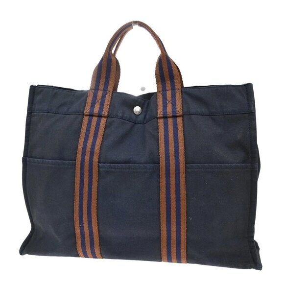 HERMES Logo Fourre Tour MM Hand Tote Bag Canvas Navy Blue Brown France 04EF214 - Picture 1 of 16